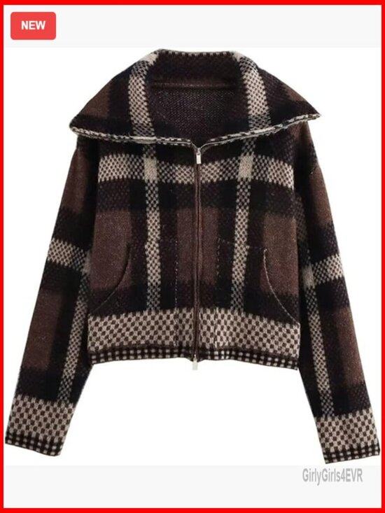 Sweaters - Vintage Checkered Cardigan Sweater Zip Up Knit Jacket Long Sleeve